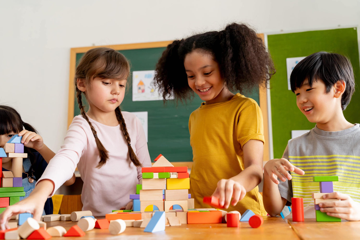 Kids Playing in Classroom with Building Blocks 